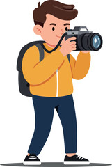 A young man in a yellow jacket with a camera capturing moments in a vibrant, flat vector illustration showcasing creativity and passion for photography vector art