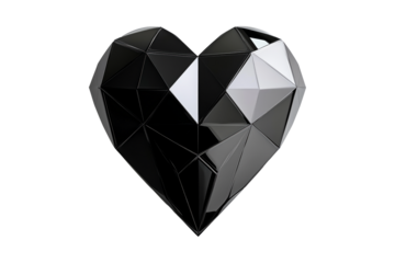 Geometric black heart with gold accents, angular patterns and smooth finish isolated on white transparent background. Concept of modern design and love