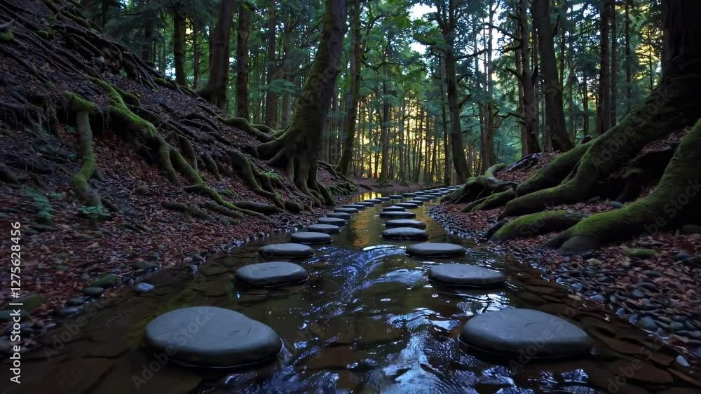 Aufkleber Stone pathway through a lush forest stream with sunlight filtering through trees