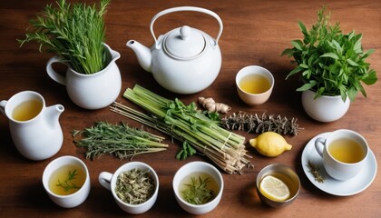 Herbal Infusion Setup with Teapot, Cups, and Fresh Herbs
