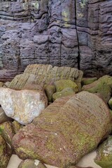 Close-up of layered, weathered coastal rocks. Intricate patterns and textures. Natural beauty. ,...