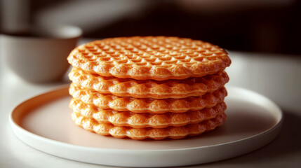 A stack of golden, crispy waffles sits on a white plate with a blurred cup in the background. Concept of breakfast or snack time. For food photography.