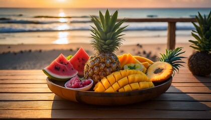 A vibrant fruit platter featuring fresh pineapple, watermelon, mango, and papaya, served on a wooden platter. The colorful array of tropical fruits creates a refreshing and inviting summer vibe.