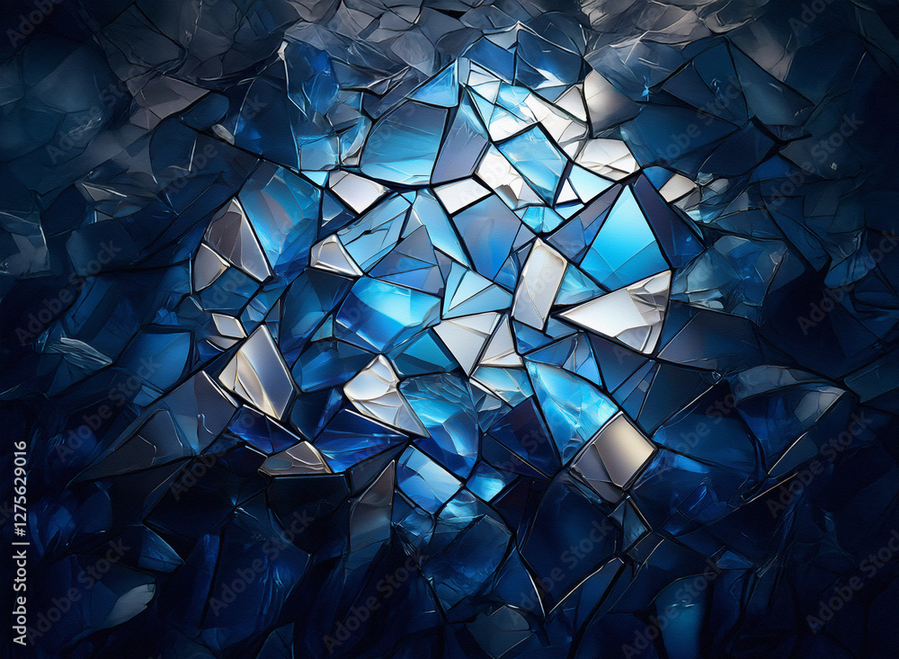 Aufkleber fractured geometric background featuring blue and white shards resembling ice or crystals. light ema