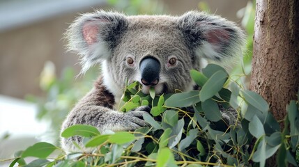 Obraz premium Close-up of a Koala Eating Eucalyptus Leaves in a Natural Setting