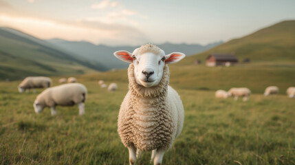 Fototapeta premium Sheep grazing peacefully on a green hillside during sunset in a serene rural landscape. Generative AI