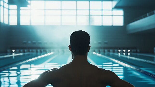 A swimmer stretching shoulders by the poolside before a competition. Featuring focus and strength - Powered by Adobe