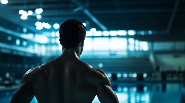 A swimmer stretching shoulders by the poolside before a competition. Featuring focus and strength