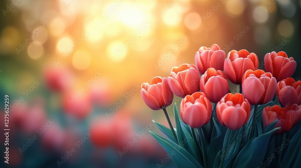Poster red tulips bloom in the garden with blurred sunset light creating a beautiful spring flowers backgro