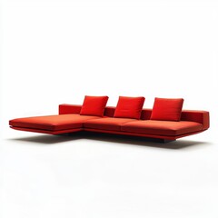 Fiery red minimalist L-shaped couch with a sleek floating base isolated on white