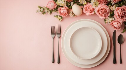 Elegant Spring Tablescape with Fresh Flowers and Delicate Egg Accents on Soft Pink Background