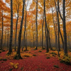 Obraz premium A vibrant autumn forest with red, orange, and yellow leaves on a white background.