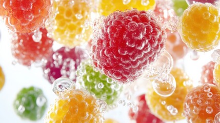 Colorful berries splashing in sparkling water, creating a vibrant, refreshing scene