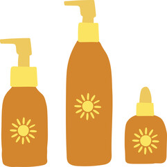 Set of Amber Sunscreen Bottles with Sun Symbol Vector Illustration
