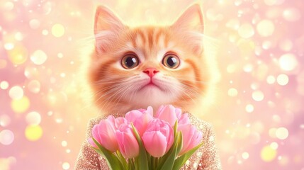 Adorable fluffy orange kitten holding pink tulips with glittery background. March 8, International Women's Day. Mother's Day
