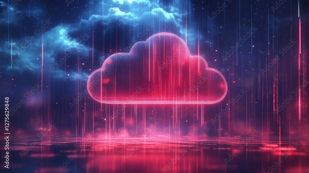 Aufkleber digital server depicted as a cloud shape with vibrant colors and stylized rain patterns in a futuris