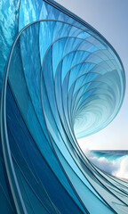 Fototapeta premium A futuristic wave structure made of blue glass reflects ocean waves behind 