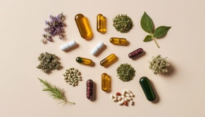 Herbal Supplements in Pill Form on a Minimalist Background