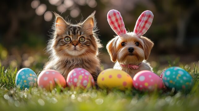Fluffy cat and dog with bunny ears surrounded by colorful easter eggs on grass. Easter, Pascha, Paskha, Ostern, Pascua, Paques - Orthodox and Catholic Holiday celebration
