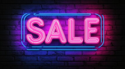 Neon sale sign on brick wall with blue and pink glow. Black Friday sale