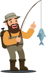 Obraz premium Happy fisherman with a beard holding a fish, wearing a wide-brimmed hat and fishing gear in a playful flat vector illustration