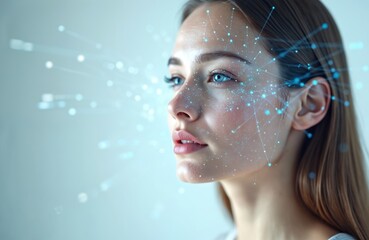 AI generated close-up of woman face with facial recognition tech overlayed. Conceptual digital art portrait in modern style. Visualizes face authentication process, personal data protection,