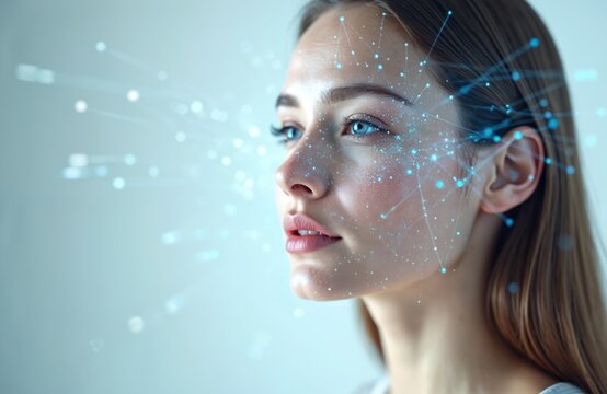 AI generated close-up of woman face with facial recognition tech overlayed. Conceptual digital art portrait in modern style. Visualizes face authentication process, personal data protection,