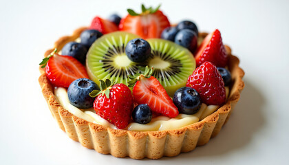 a fruit tart with strawberries, blueberries, and kiwi