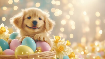 Adorable golden retriever puppy with colorful easter eggs and daffodils on a bright spring day. Easter, Pascha, Paskha, Ostern, Pascua, Paques - Orthodox and Catholic Holiday celebration