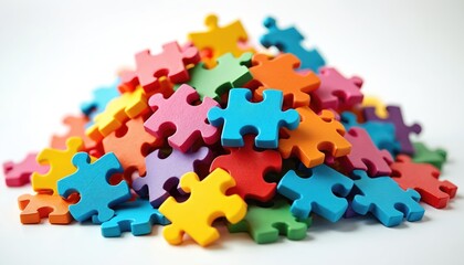 Pile of colorful jigsaw puzzle pieces on white background. Vibrant colours. Concept of problem solving, teamwork, strategy game, recreation or fun leisure activity. Close up shot.