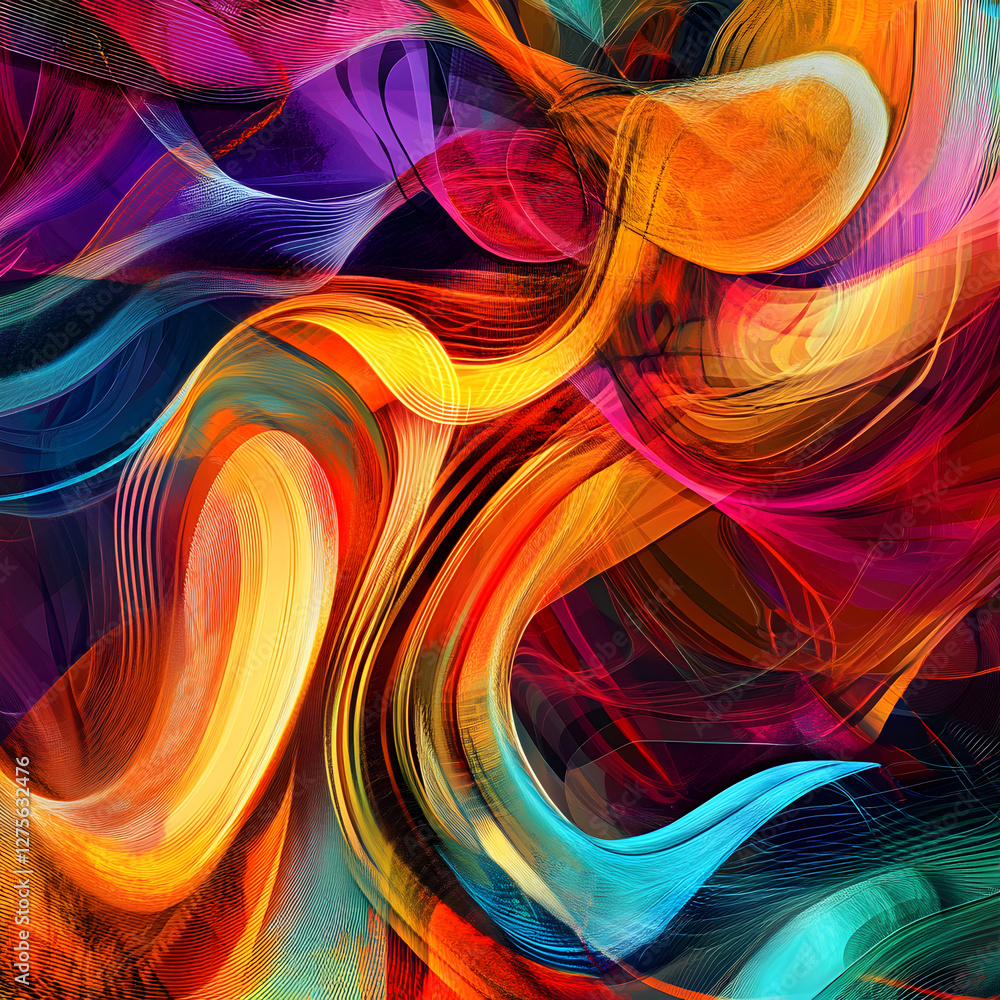 Poster vibrant abstract art: a dynamic and colorful composition of swirling lines and shapes creating an en