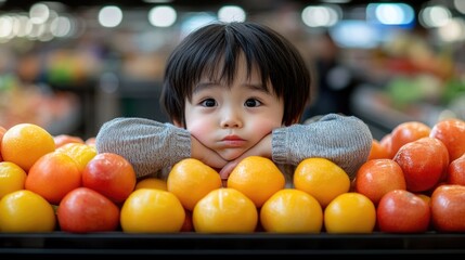 Fototapeta premium Asian child in supermarket surrounded by fresh citrus fruits
