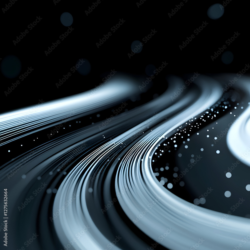 Poster abstract flow of data: a mesmerizing display of digital lines weaves across a darkened expanse, evok