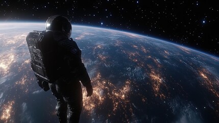 Naklejka premium An astronaut floating in space with Earth glowing in the background, majestic and vast