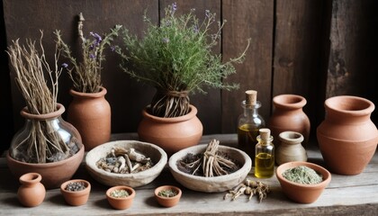 Rustic Herbal Oils and Dried Roots Setup