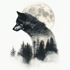 A majestic wolf silhouette against a full moon and misty forest backdrop.