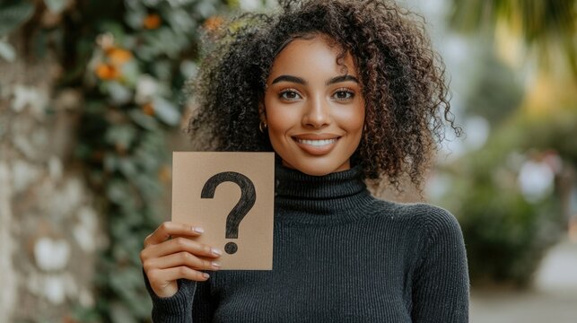 Smiling african young woman holding question mark card outdoors