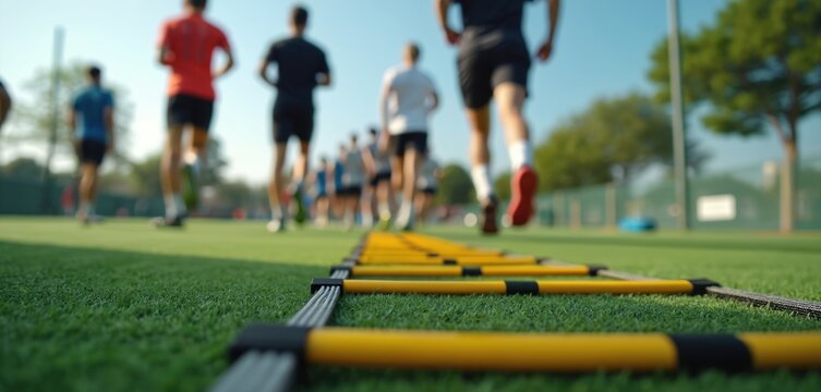 Low angle close-up agility ladder on artificial turf. Athletes soft focus background. Fitness sport exercise concept. Practice speed, coordination, physical activity, regime on field.