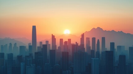 Breathtaking Panoramic View of a City Skyline at Sunrise with Mist in the Air