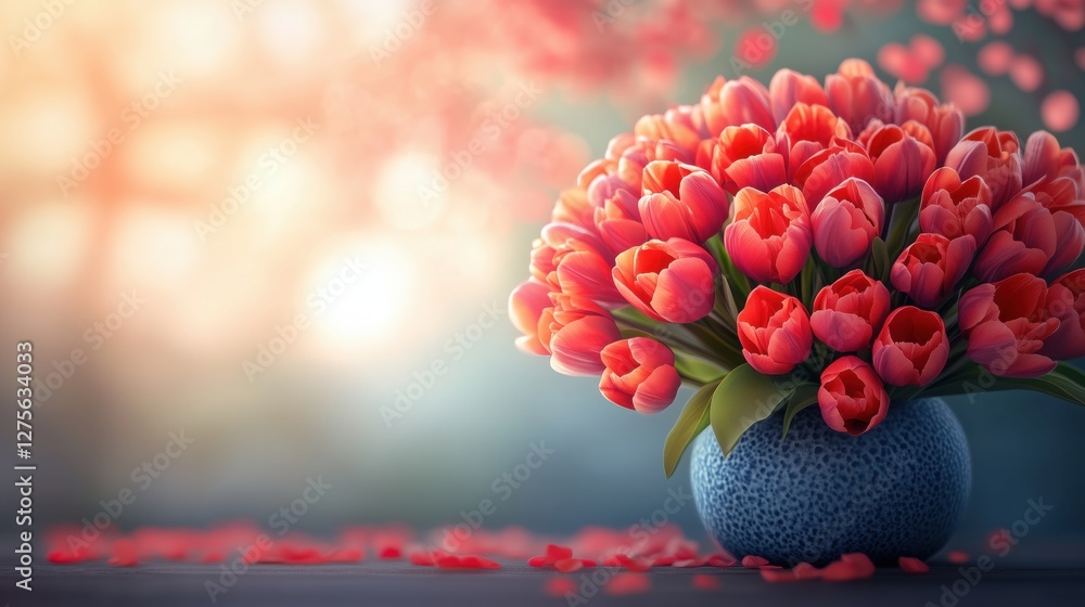 Poster tulips in a vase on a blurred background for springtime decor with copy space