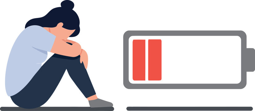 A woman sitting on the floor, hugging her knees, next to a low battery symbol in a flat design vector illustration