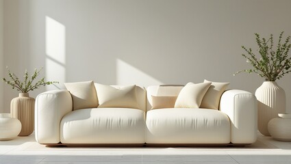 Elegant Minimalist Lounge with Neutral Tones & Greenery Accents