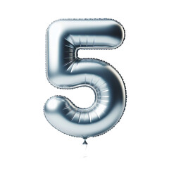Silver Number 5 Balloon, Shiny metallic foil balloon shape party decoration, isolated on transparent cutout PNG	
