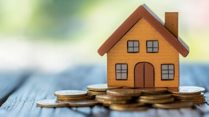 Wooden House Model on Stacks of Coins Against Blurred Background