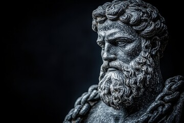 Obraz premium Marble bust intense gaze with chain. Classic sculpture, dark background. Ideal art/history