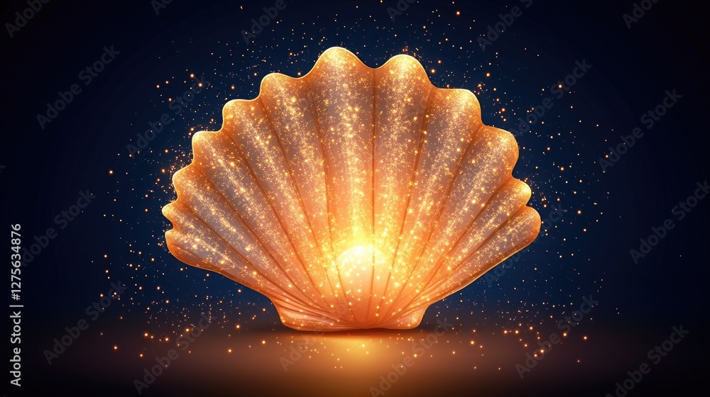 Poster glowing golden seashell with sparkling particles on dark background
