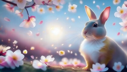 Obraz premium Firefly with large colorful bunny sitting peacefully among blooming flowers at sunset