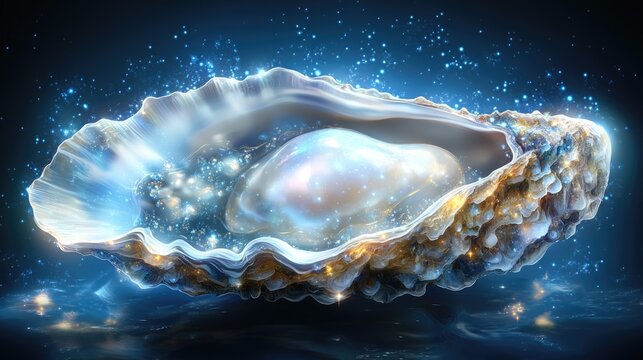 Glowing pearl inside mystic ocean shell surrounded by sparkling blue light