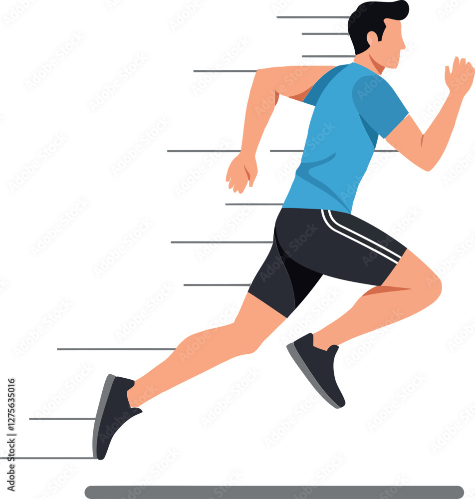Poster a man in athletic wear running swiftly with a determined expression in a flat vector illustration de