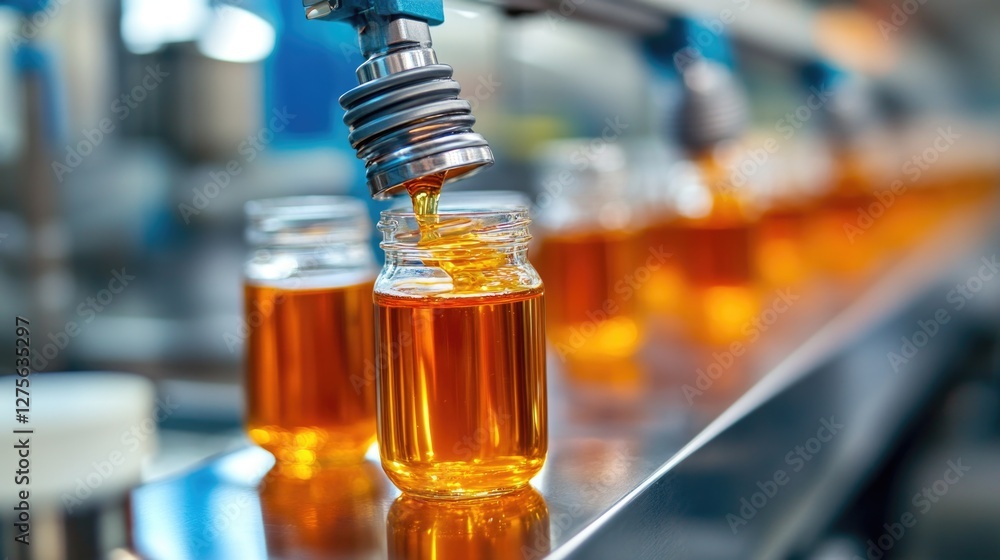 Poster automated honey bottling process at modern production line in factory